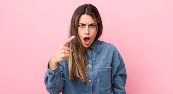 Pretty Hispanic Woman Pointing Camera Angry Aggressive Expression Looking Furious — Stock Photo, Image