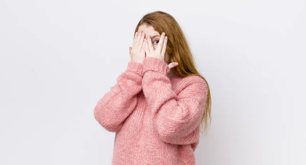 Pretty Red Head Woman Covering Face Hands Peeking Fingers Surprised — Stock Photo, Image