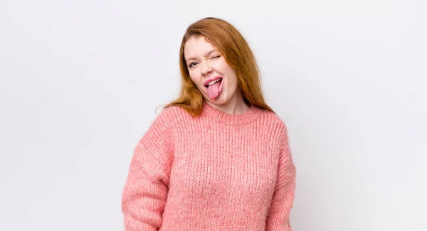 Pretty Red Head Woman Cheerful Carefree Rebellious Attitude Joking Sticking — Stock Photo, Image