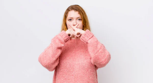 Pretty Red Head Woman Looking Serious Displeased Both Fingers Crossed — Stock Photo, Image