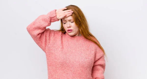 Pretty Red Head Woman Looking Stressed Tired Frustrated Drying Sweat — Stock Photo, Image