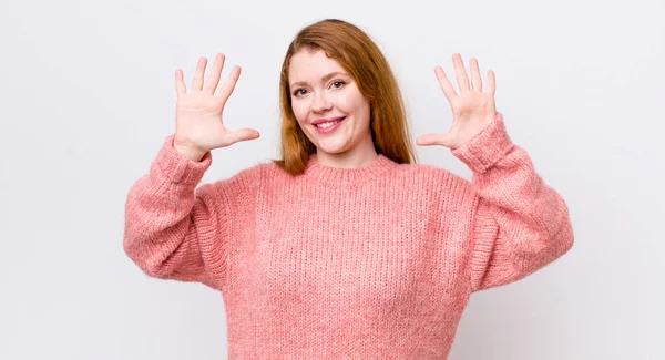 Pretty Red Head Woman Smiling Looking Friendly Showing Number Ten — Stock Photo, Image