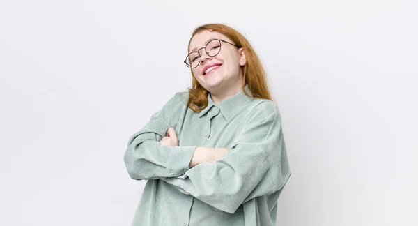 Pretty Red Head Woman Laughing Happily Arms Crossed Relaxed Positive — Stock Photo, Image