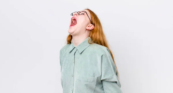 Pretty Red Head Woman Screaming Furiously Shouting Aggressively Looking Stressed — Stock Photo, Image