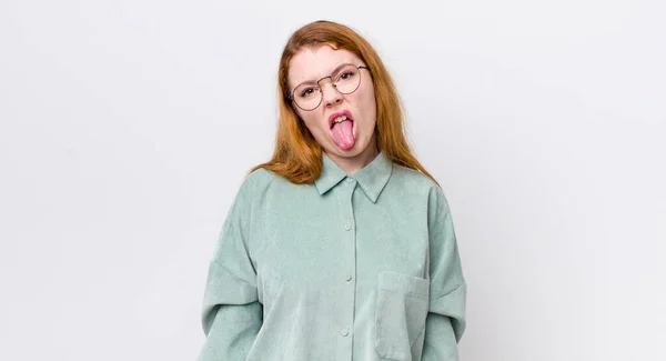 Pretty Red Head Woman Feeling Disgusted Irritated Sticking Tongue Out — Stock Photo, Image