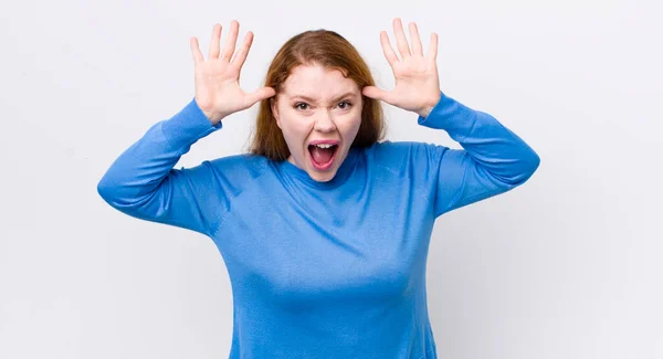 Pretty Red Head Woman Screaming Panic Anger Shocked Terrified Furious — Stock Photo, Image