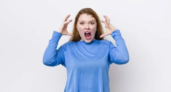 Pretty Red Head Woman Screaming Hands Air Feeling Furious Frustrated — Stock Photo, Image
