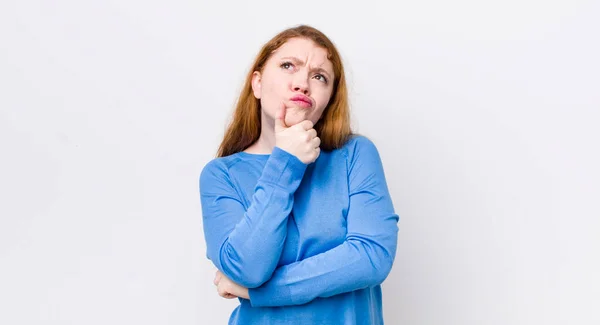 Pretty Red Head Woman Thinking Feeling Doubtful Confused Different Options — Stock Photo, Image