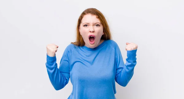 Pretty Red Head Woman Shouting Aggressively Angry Expression Fists Clenched — Stock Photo, Image