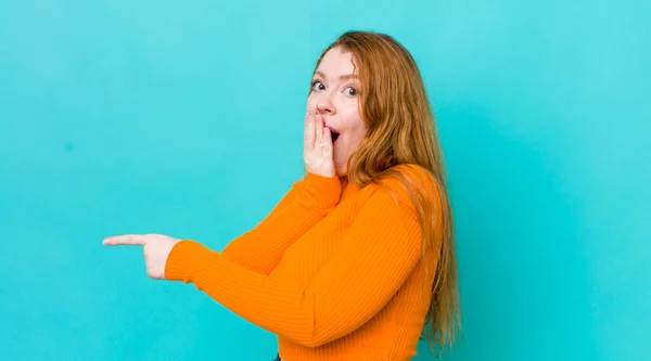 Pretty Red Head Woman Feeling Happy Shocked Surprised Covering Mouth — Stock Photo, Image