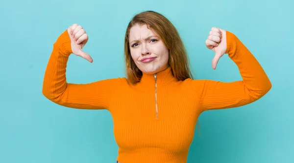 Pretty Red Head Woman Looking Sad Disappointed Angry Showing Thumbs — Stock Photo, Image