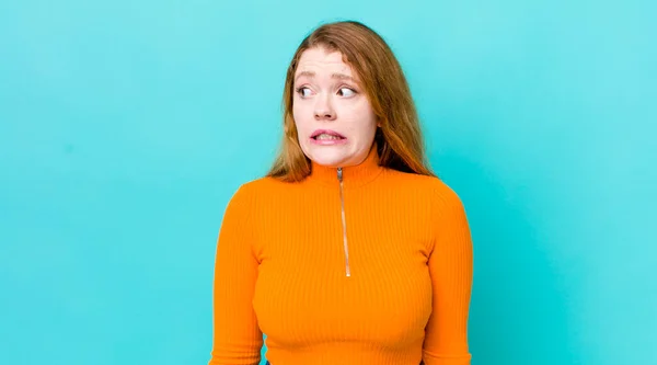 Pretty Red Head Woman Looking Worried Stressed Anxious Scared Panicking — Stock Photo, Image
