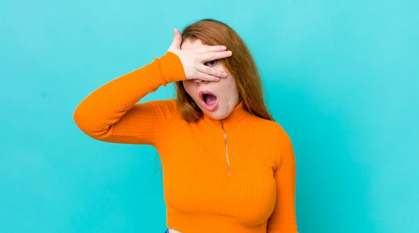Pretty Red Head Woman Looking Shocked Scared Terrified Covering Face — Stock Photo, Image