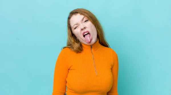 Pretty Red Head Woman Cheerful Carefree Rebellious Attitude Joking Sticking — Stock Photo, Image