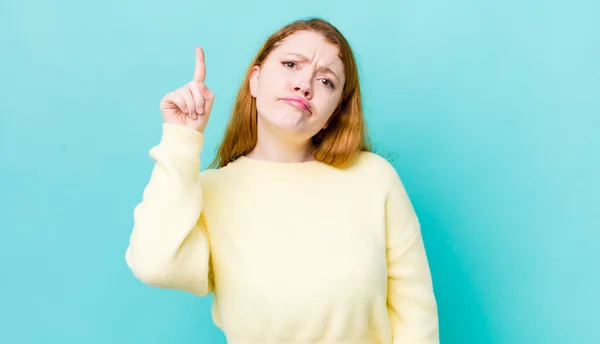 Pretty Red Head Woman Feeling Genius Holding Finger Proudly Air — Stock Photo, Image
