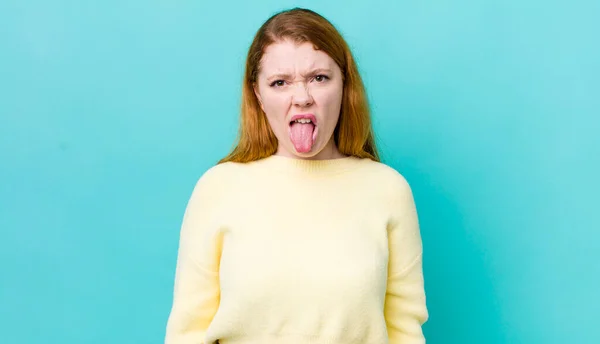 Pretty Red Head Woman Feeling Disgusted Irritated Sticking Tongue Out — Stock Photo, Image