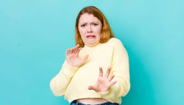 Pretty Red Head Woman Feeling Disgusted Nauseous Backing Away Something — Stock Photo, Image