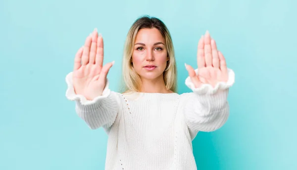 Pretty Blonde Woman Looking Serious Unhappy Angry Displeased Forbidding Entry — Stock Photo, Image