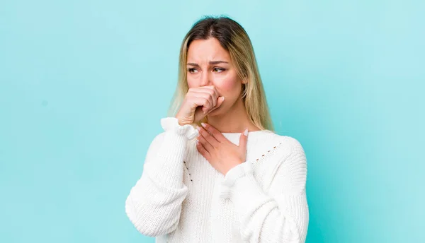 Pretty Blonde Woman Feeling Ill Sore Throat Flu Symptoms Coughing — Stock Photo, Image