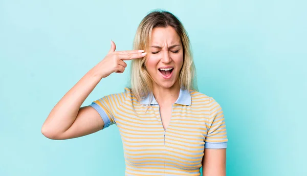 Pretty Blonde Woman Looking Unhappy Stressed Suicide Gesture Making Gun — Stock Photo, Image