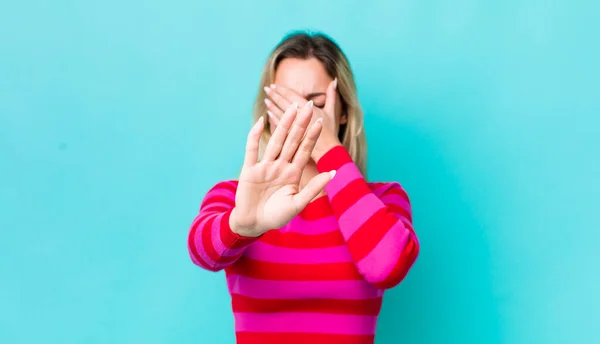 Pretty Blonde Woman Covering Face Hand Putting Other Hand Front — Stock Photo, Image