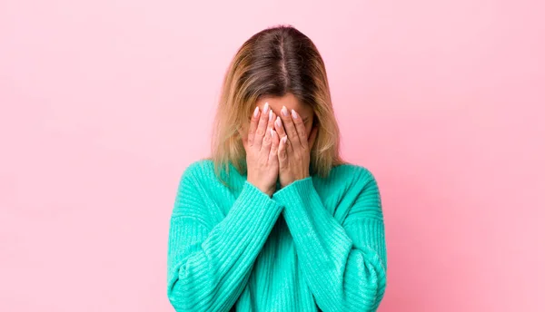 Pretty Blonde Woman Feeling Sad Frustrated Nervous Depressed Covering Face — Stock Photo, Image