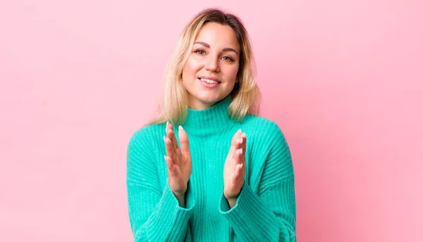 Pretty Blonde Woman Feeling Happy Successful Smiling Clapping Hands Saying — Stock Photo, Image