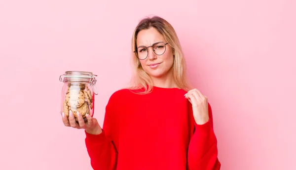 Blonde Pretty Woman Looking Arrogant Successful Positive Proud Cookies Concept — Stockfoto