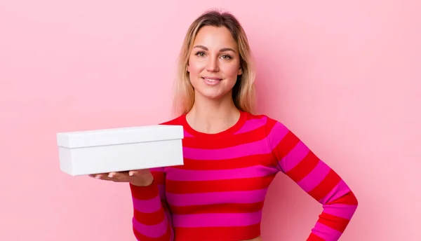 Blonde Pretty Woman Smiling Happily Hand Hip Confident White Box — Stock Photo, Image