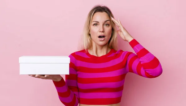 Blonde Pretty Woman Looking Happy Astonished Surprised White Box Concept — Stock Photo, Image