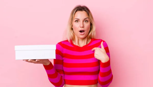 Blonde Pretty Woman Feeling Happy Pointing Self Excited White Box — Stock Photo, Image