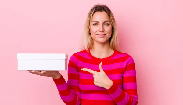 Blonde Pretty Woman Smiling Cheerfully Feeling Happy Pointing Side White — Stock Photo, Image