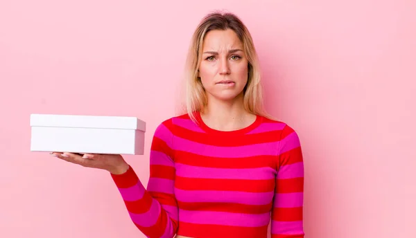 Blonde Pretty Woman Looking Puzzled Confused White Box Concept — Stock Photo, Image