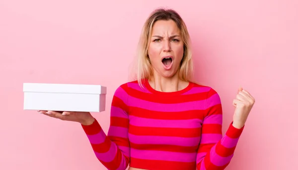 Blonde Pretty Woman Shouting Aggressively Angry Expression White Box Concept — Stock Photo, Image