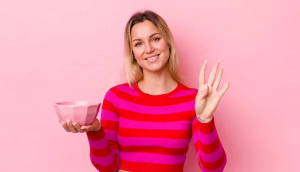 Blonde Pretty Woman Smiling Looking Friendly Showing Number Four Empty — Stock Photo, Image