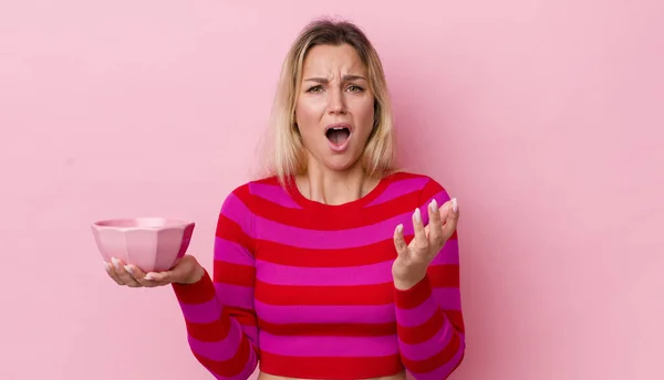 Blonde Pretty Woman Looking Desperate Frustrated Stressed Empty Bowl Concept — Stock Photo, Image