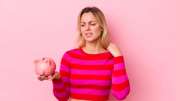 Blonde Pretty Woman Feeling Stressed Anxious Tired Frustrated Piggy Bank — Stockfoto