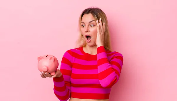 Blonde Pretty Woman Feeling Happy Excited Surprised Piggy Bank Concept — Stockfoto