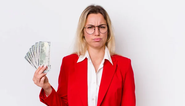 Blonde Pretty Woman Feeling Sad Whiney Unhappy Look Crying Dollar — Stock Photo, Image