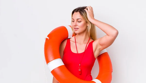 Blonde Pretty Woman Feeling Puzzled Confused Scratching Head Life Guard — Stock Photo, Image