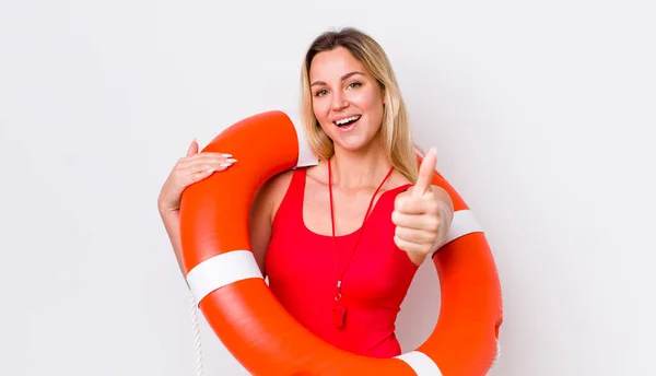 Blonde Pretty Woman Feeling Proud Smiling Positively Thumbs Life Guard — Stock Photo, Image