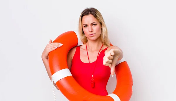 Blonde Pretty Woman Feeling Cross Showing Thumbs Life Guard Concept — Stock Photo, Image