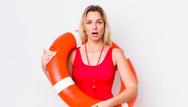 Blonde Pretty Woman Looking Very Shocked Surprised Life Guard Concept — Stock Photo, Image
