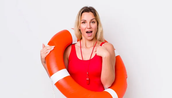 Blonde Pretty Woman Feeling Happy Pointing Self Excited Life Guard — Stock Photo, Image