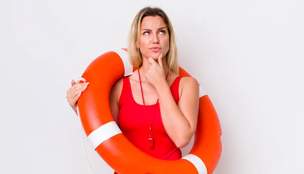 Blonde Pretty Woman Thinking Feeling Doubtful Confused Life Guard Concept — Stock Photo, Image