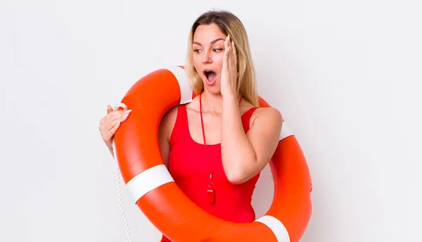 Blonde Pretty Woman Feeling Happy Excited Surprised Life Guard Concept — Stock Photo, Image