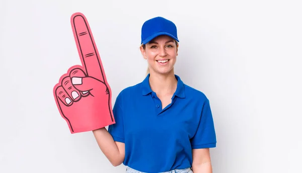 Blonde Mooie Vrouw Die Gelukkig Aangenaam Verrast Uitziet Nummer Één — Stockfoto