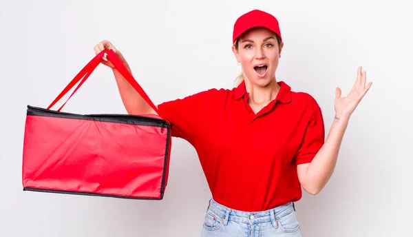Blonde Pretty Woman Feeling Happy Astonished Something Unbelievable Pizza Delivery — Stock Photo, Image