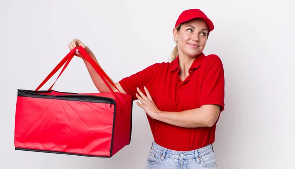 Blonde Pretty Woman Shrugging Feeling Confused Uncertain Pizza Delivery Concept — Stockfoto