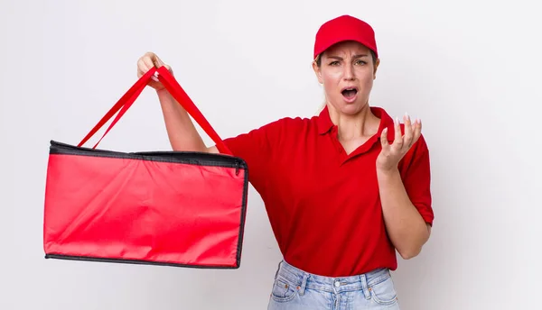 Blonde Pretty Woman Looking Desperate Frustrated Stressed Pizza Delivery Concept — Stockfoto